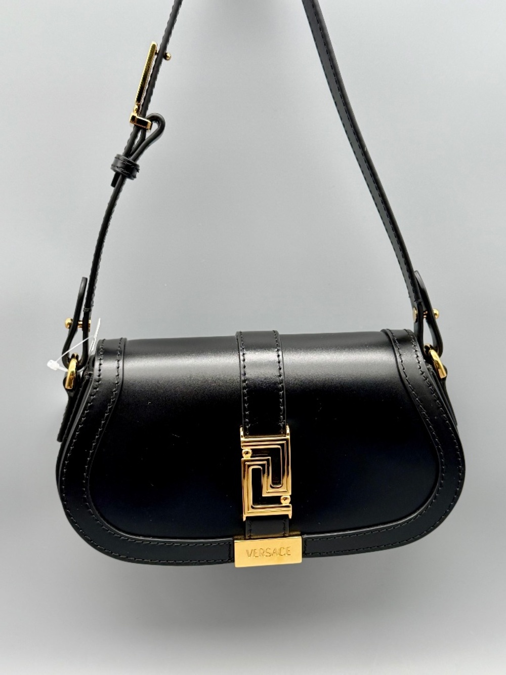 Versace Greca Small Shoulder Bag – Black Leather with Gold Greca Hardware